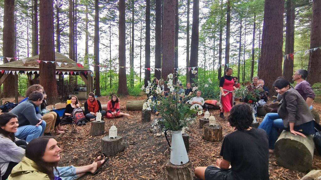 Students in the red woods outdoor classroom