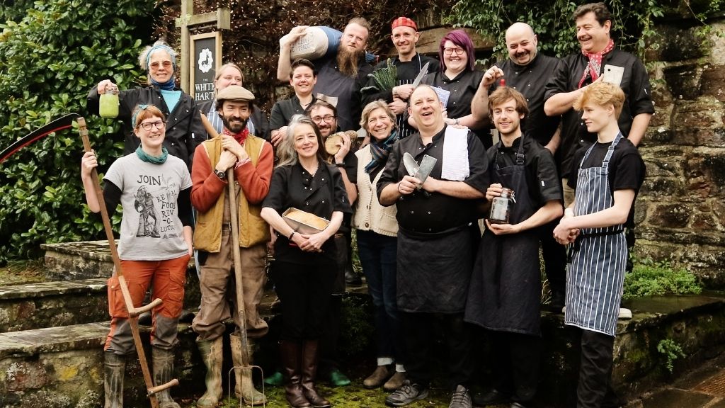 Food producers and chefs from across Dartington trust, outside the White Hart pub
